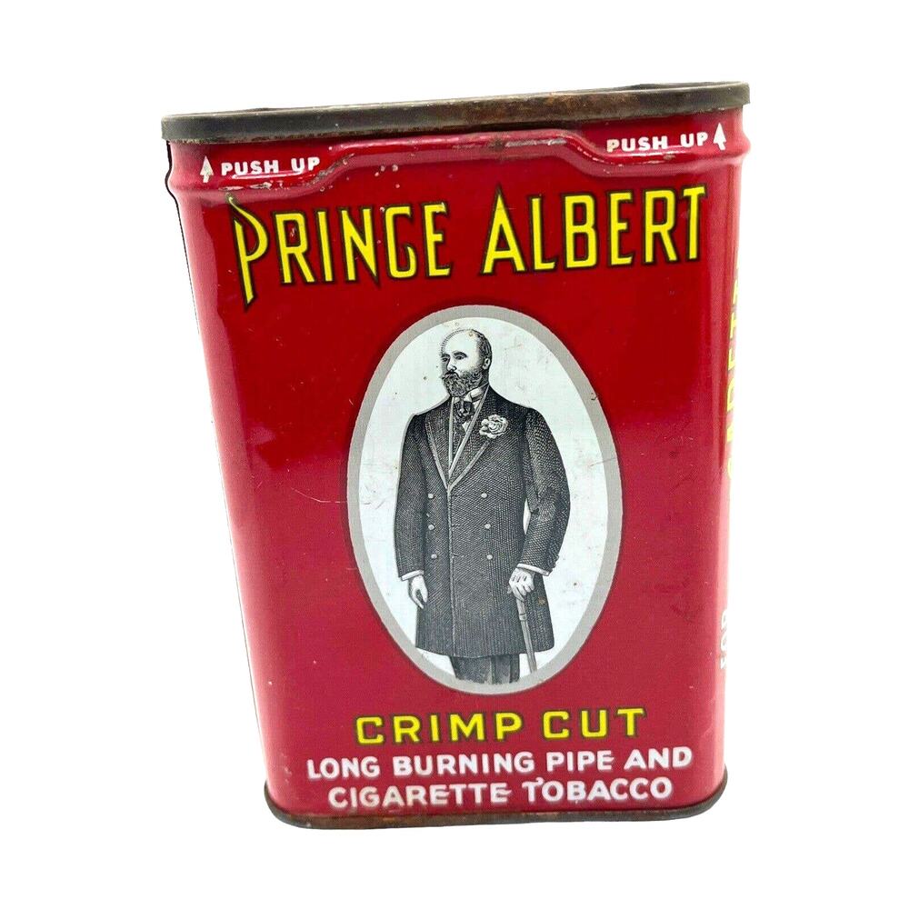 Prince Albert Tobacco Crimp Cut Tin Can Vintage Distressed Red Black Retro